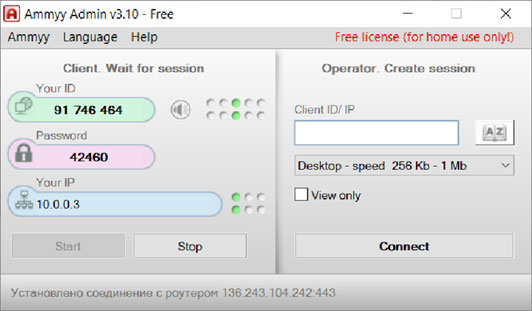 Remote access session control panel. 