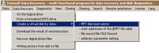 Menu - Data recovery from boot sector data