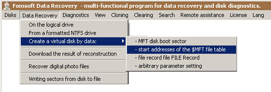 Menu - Data recovery from the data file record $MFT