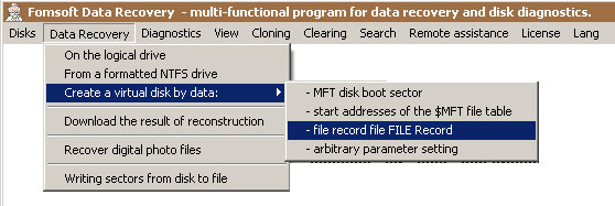 Menu - Data recovery from file record data FILE Record