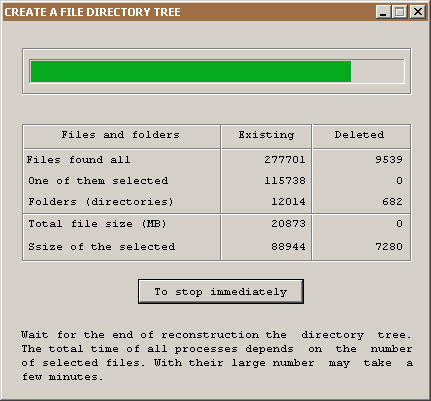 Displays the progress of the search and selection of the desired files