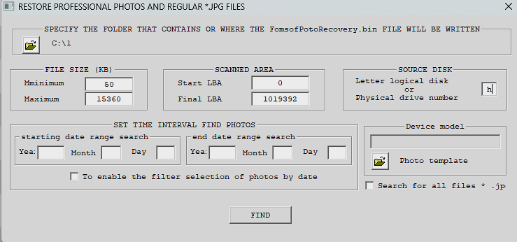 Dialog box for setting the search for digital photos.