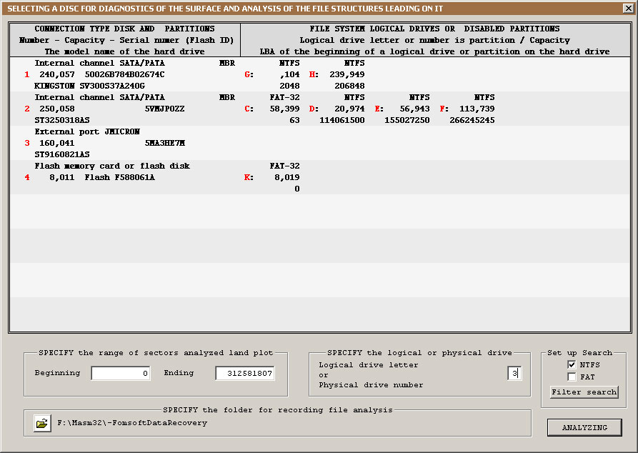 Finestra di selezione del disco per l'analisi delle strutture dei file.