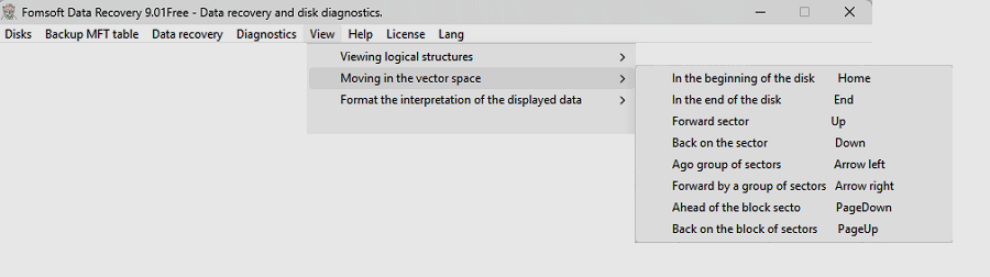 avigation inside the sector space of the selected type of file structures.