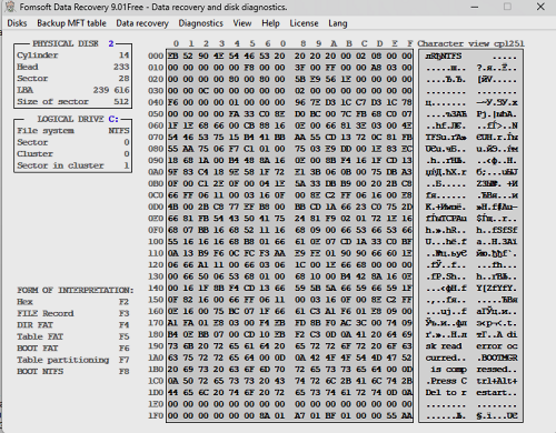 Просмотр секторов в шестнадцатеричном формате.