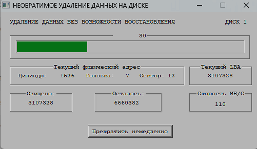 Ход процесса уничтожения данных на физическом диске.