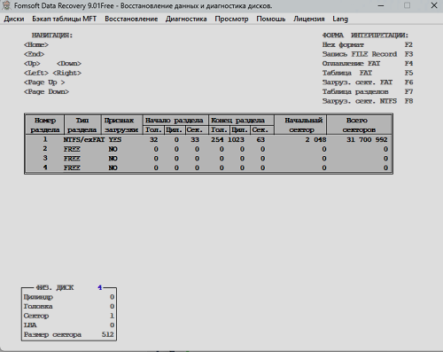 Таблица разделов диска в формате MBR.